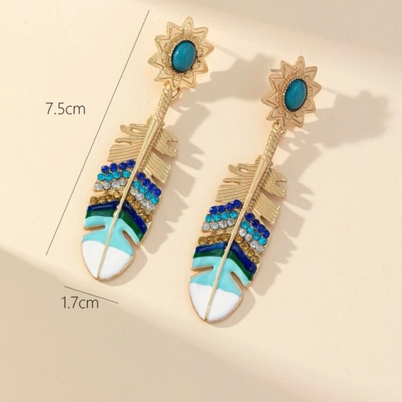 Rhinestone Feather Dangle Earrings - Picture 3 of 3